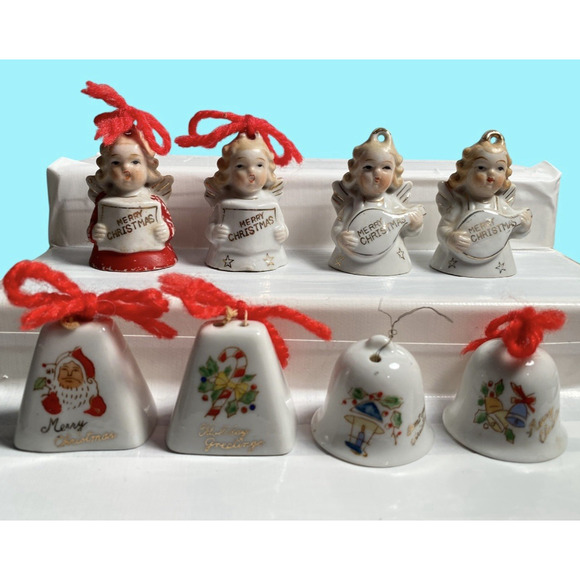 Vtg Set Of 8 Christmas Bells And Angel Bells Hanging Ornaments Japan Miniature - Picture 1 of 10